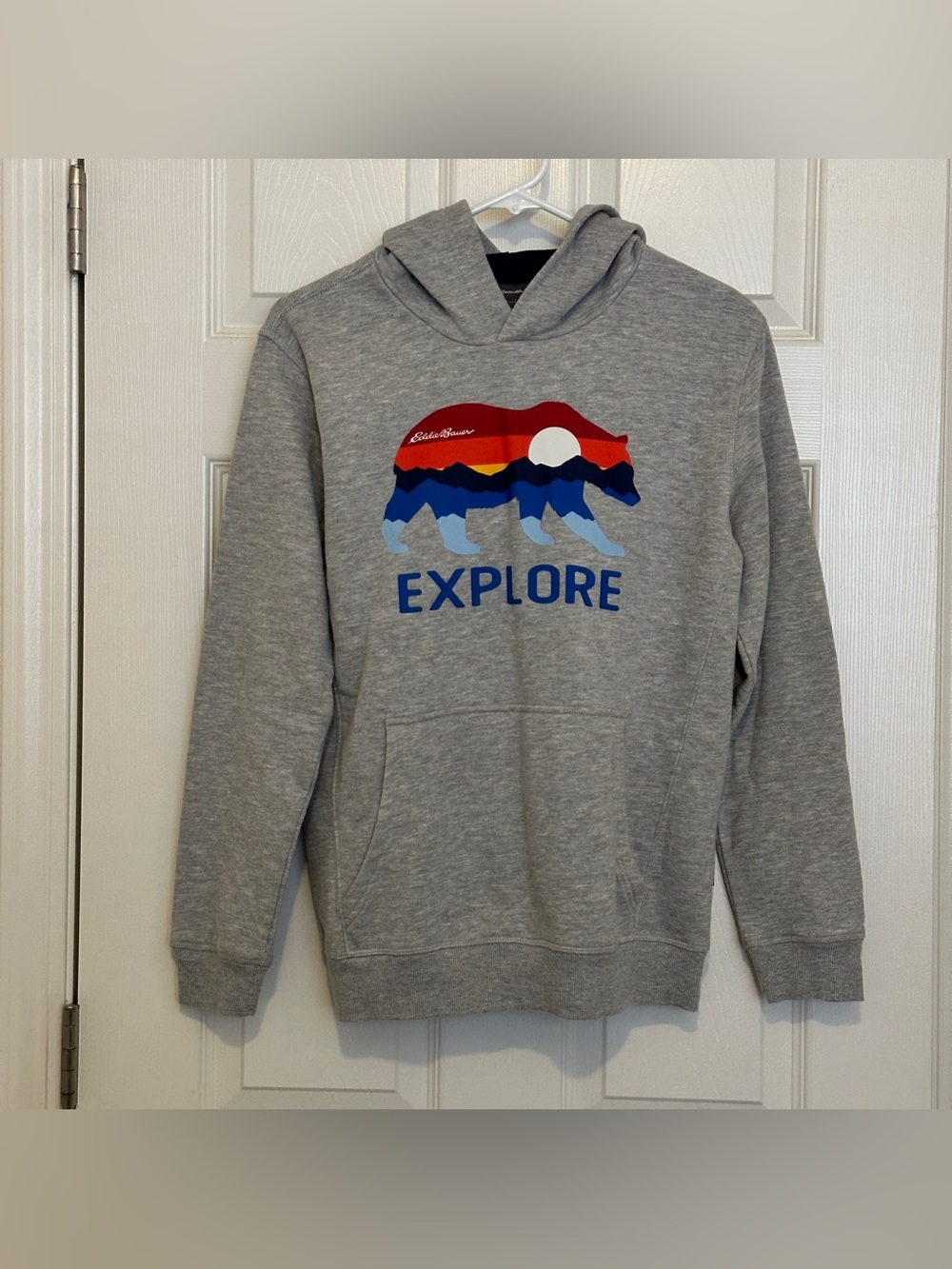 Eddie Bauer Gray Hoodie with Bear Graphic Kids L14/16 Preowned Good